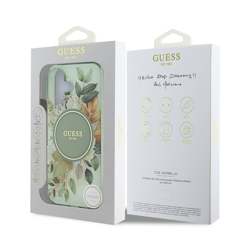 Capa MagSafe para Apple iPhone 16, Guess, IML Flower & Tonal Circle, Verde