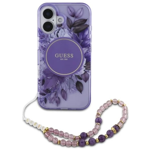 Capa MagSafe para Apple iPhone 16, Guess, IML Flowers with Pearl Strap, Roxo