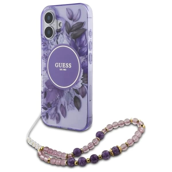MagSafe Case for Apple iPhone 16, Guess, IML Flowers with Pearl Strap, Purple