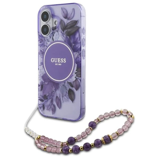 Capa MagSafe para Apple iPhone 16, Guess, IML Flowers with Pearl Strap, Roxo