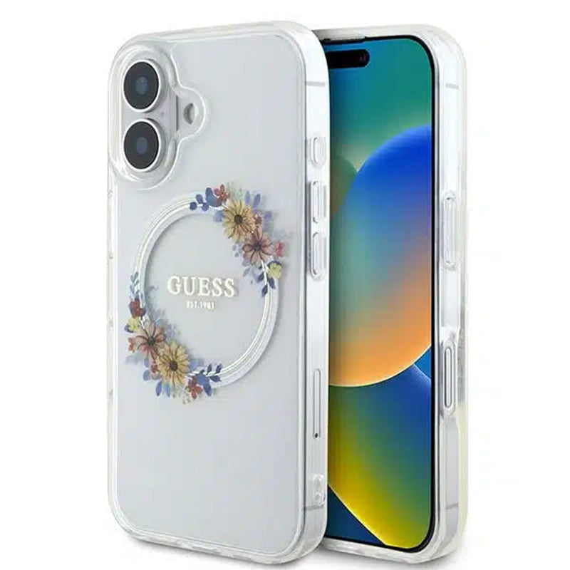 Capa MagSafe para Apple iPhone 16, Guess, IML Flowers Wreath, Transparente
