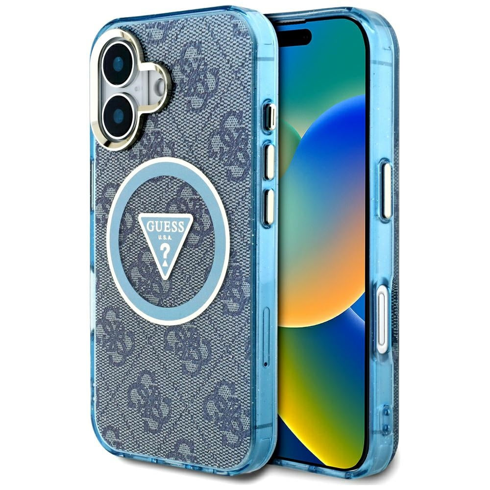 Capa MagSafe para Apple iPhone 16, Guess, IML Glitter 4G Circle Triangle, Azul