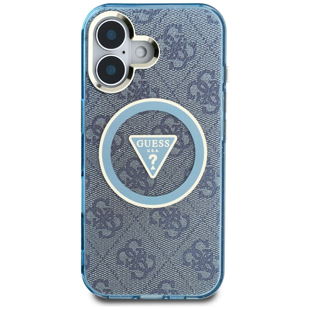 Capa MagSafe para Apple iPhone 16, Guess, IML Glitter 4G Circle Triangle, Azul