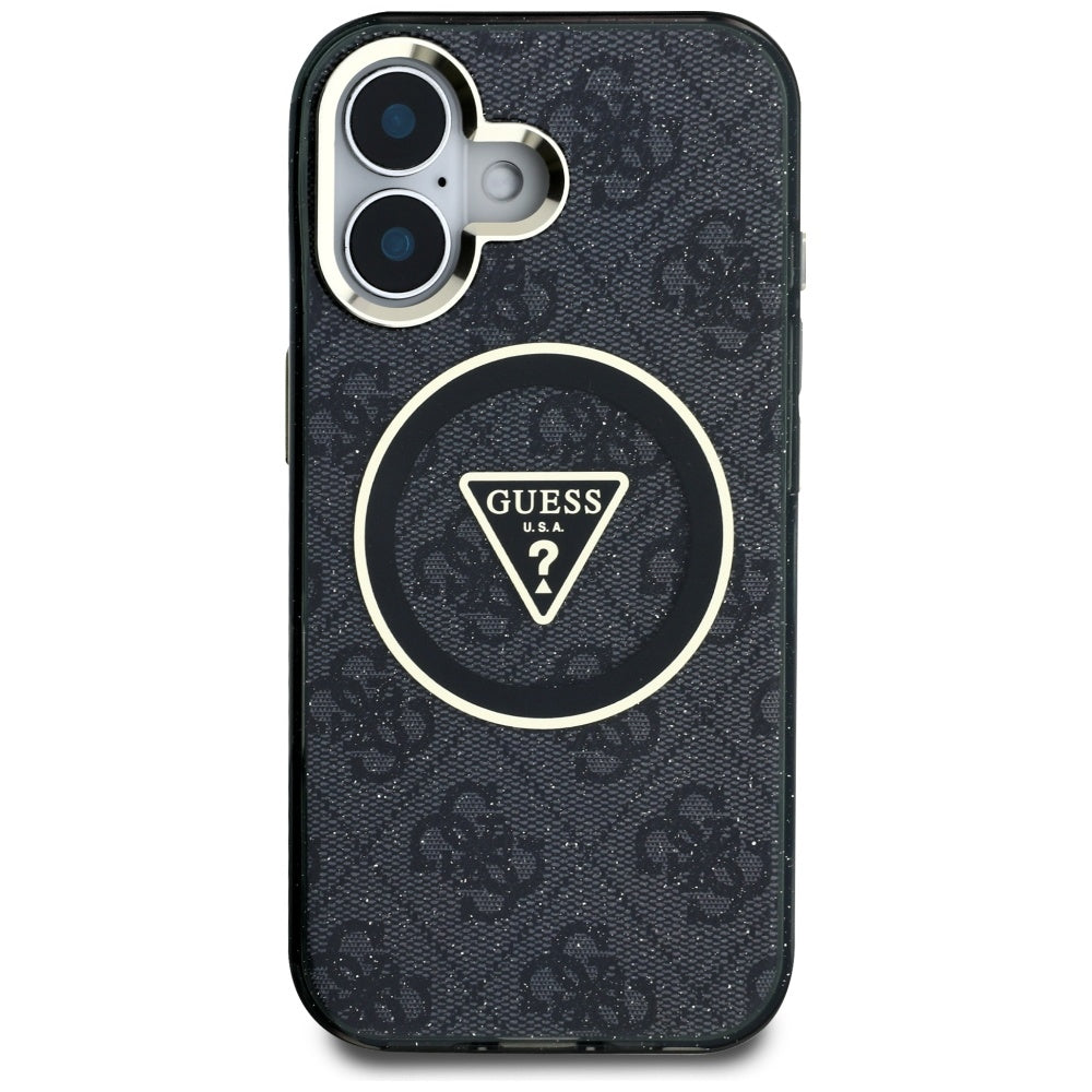 Capa MagSafe para Apple iPhone 16, Guess, IML Glitter 4G Circle Triangle, Preta