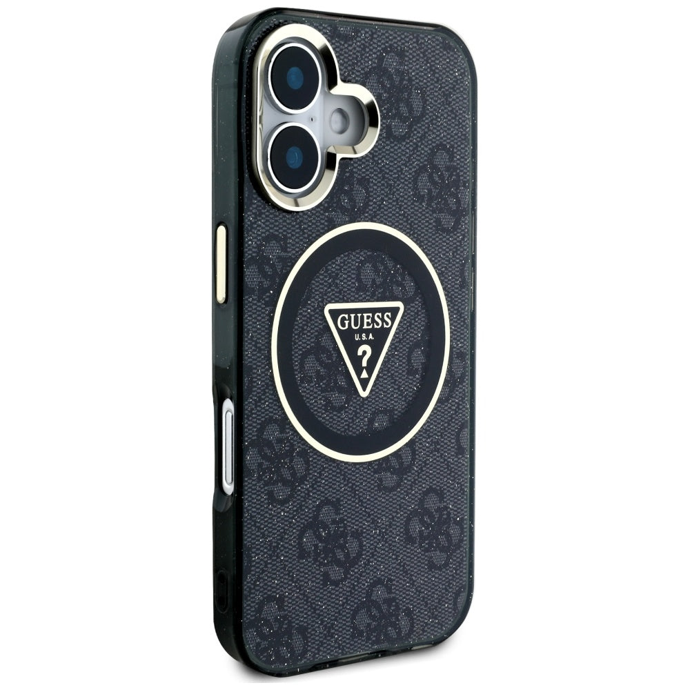 Capa MagSafe para Apple iPhone 16, Guess, IML Glitter 4G Circle Triangle, Preta