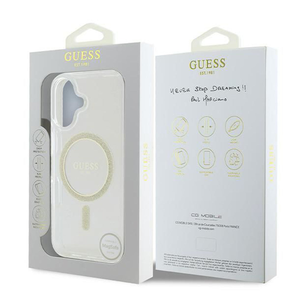 Capa MagSafe para Apple iPhone 16, Guess, IML Glitter Circle, Transparente