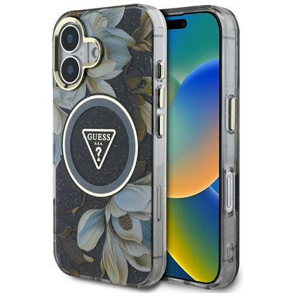 Capa MagSafe para Apple iPhone 16, Guess, IML Metal Glitter Flowers Triangle, Preta