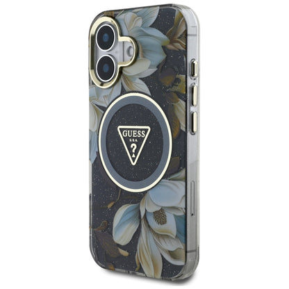 Capa MagSafe para Apple iPhone 16, Guess, IML Metal Glitter Flowers Triangle, Preta