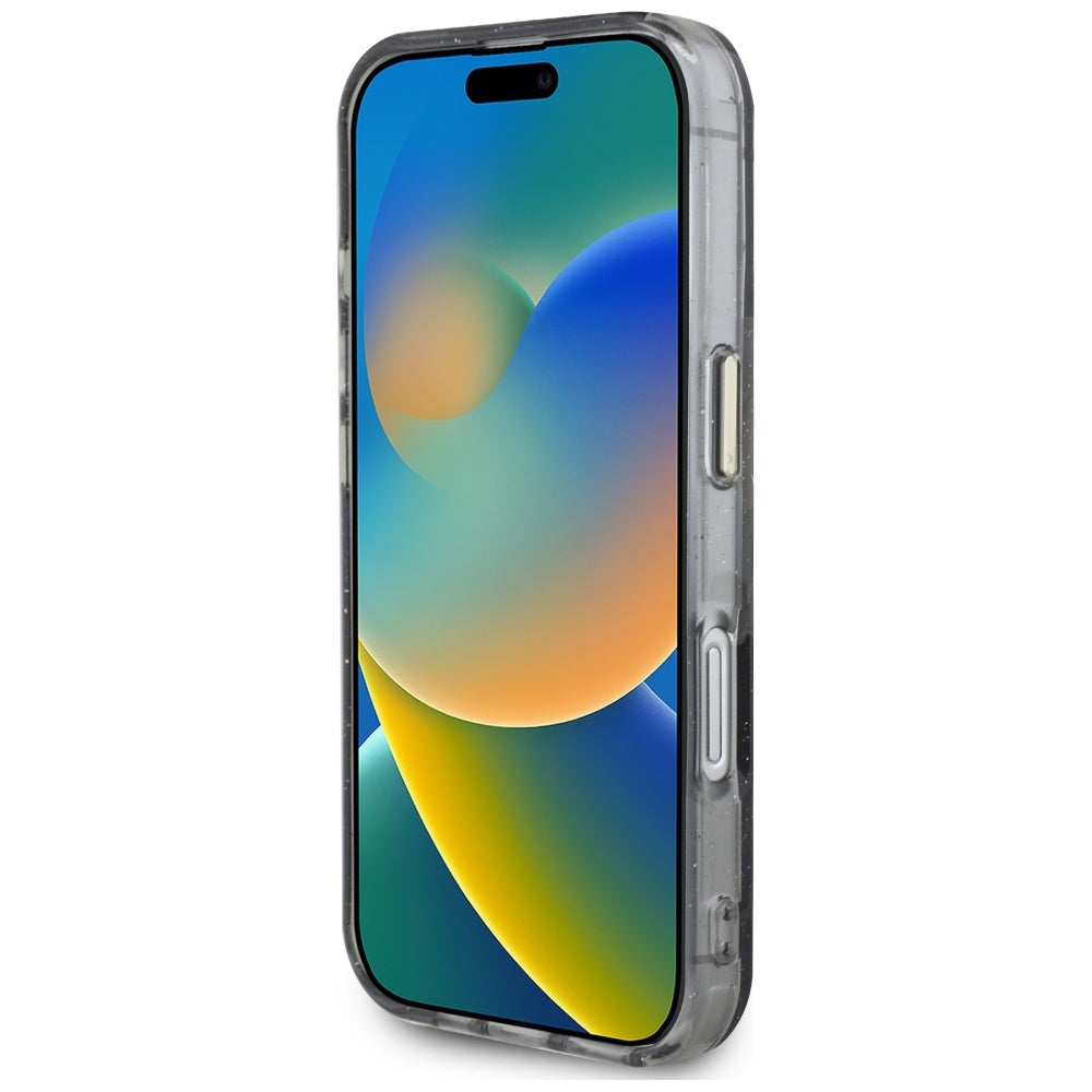 Capa MagSafe para Apple iPhone 16, Guess, IML Metal Glitter Flowers Triangle, Preta