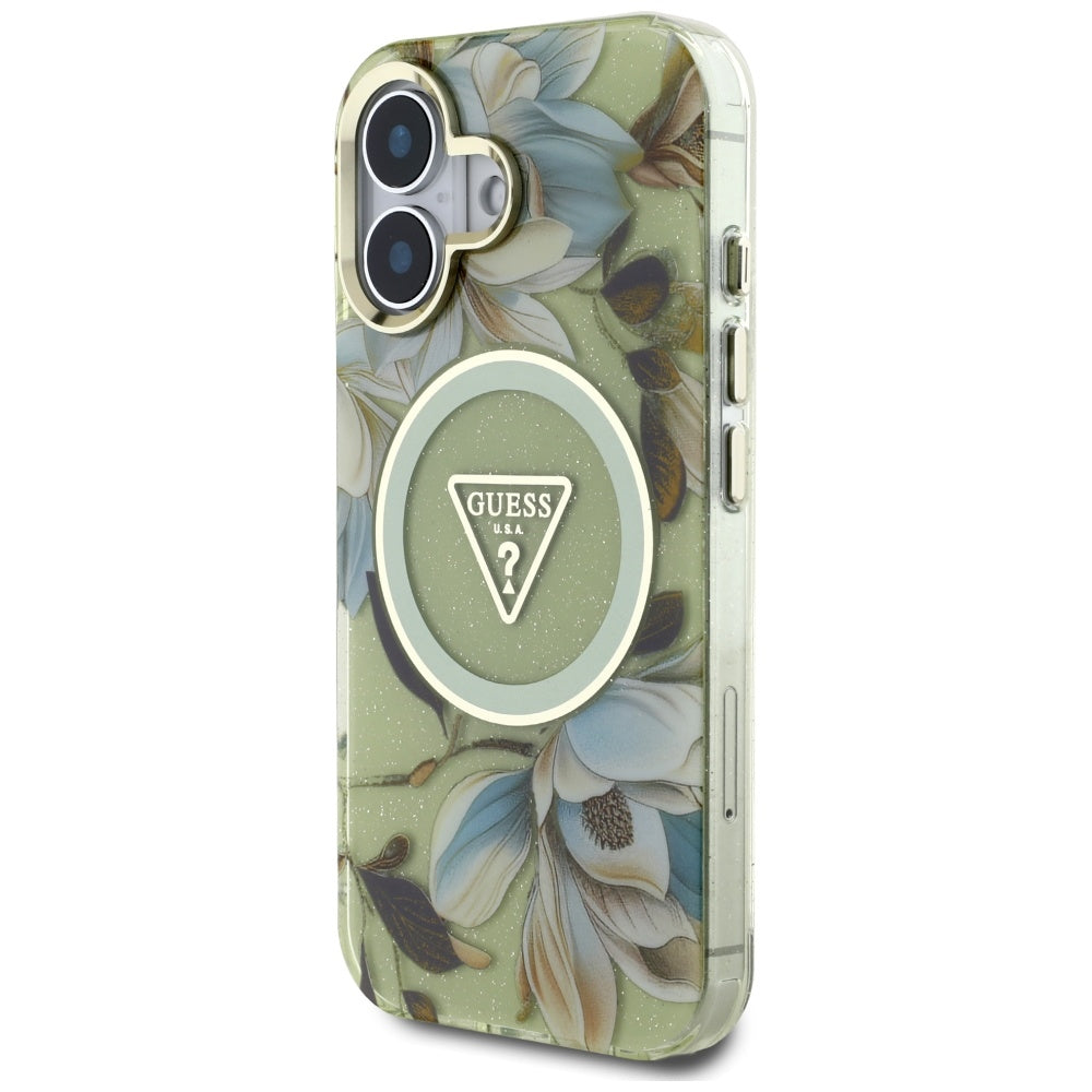 Capa MagSafe para Apple iPhone 16, Guess, IML Metal Glitter Flowers Triangle, Verde