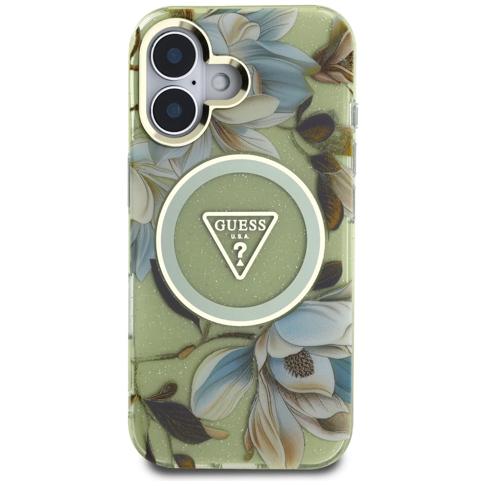 Capa MagSafe para Apple iPhone 16, Guess, IML Metal Glitter Flowers Triangle, Verde