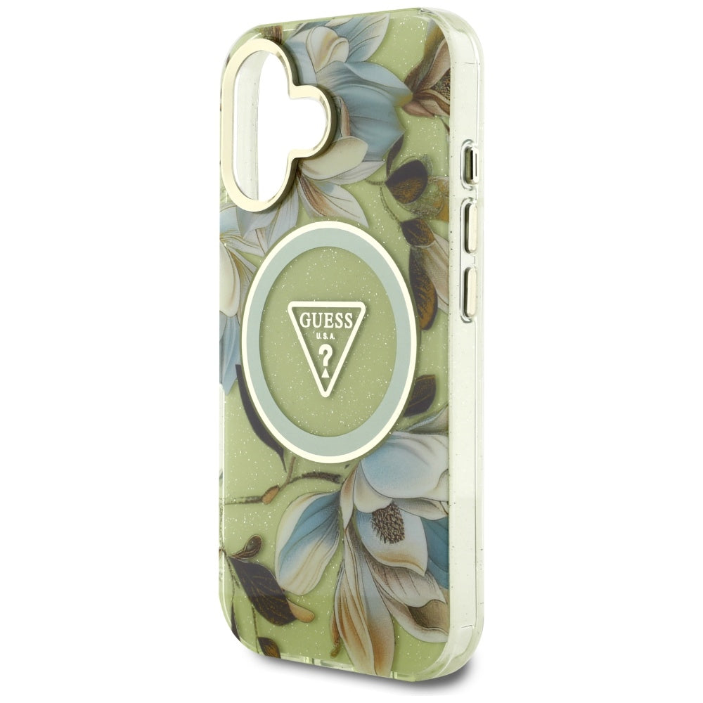 Capa MagSafe para Apple iPhone 16, Guess, IML Metal Glitter Flowers Triangle, Verde