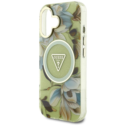 Capa MagSafe para Apple iPhone 16, Guess, IML Metal Glitter Flowers Triangle, Verde