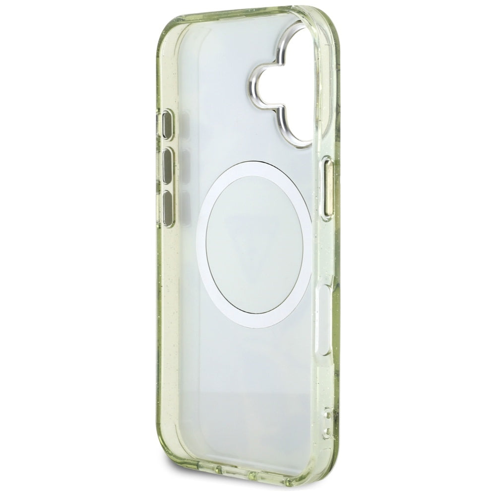 Capa MagSafe para Apple iPhone 16, Guess, IML Metal Glitter Flowers Triangle, Verde