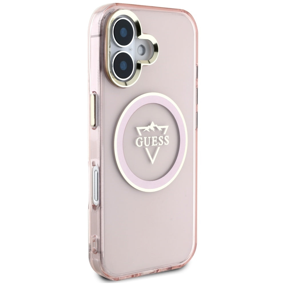 Capa MagSafe para Apple iPhone 16, Guess, IML Metal Mountain Logo, Rosa