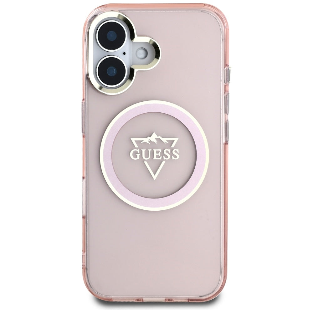 Capa MagSafe para Apple iPhone 16, Guess, IML Metal Mountain Logo, Rosa