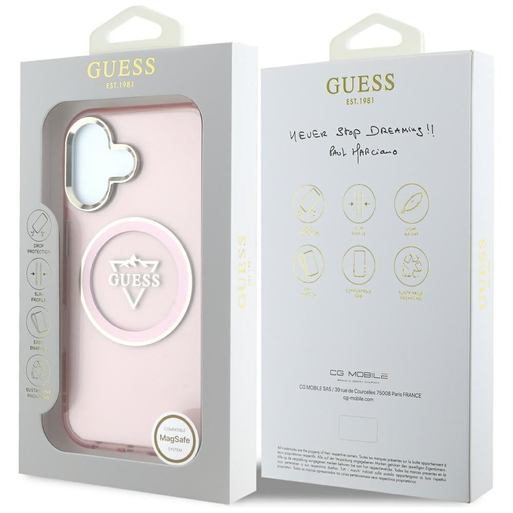 Capa MagSafe para Apple iPhone 16, Guess, IML Metal Mountain Logo, Rosa
