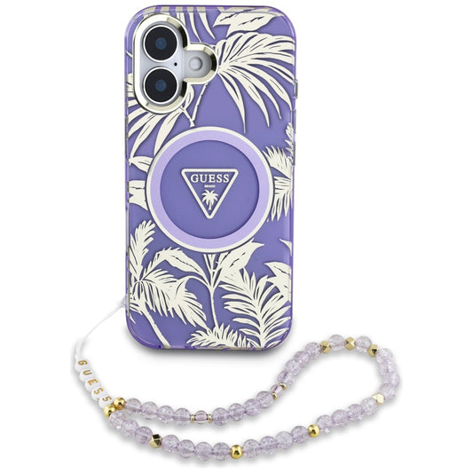 Capa MagSafe para Apple iPhone 16, Guess, IML Palm Trees Triangle com Alça de Pérola, Roxo