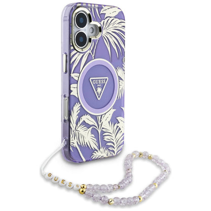 MagSafe Case for Apple iPhone 16, Guess, IML Palm Trees Triangle with Pearl Strap, Purple