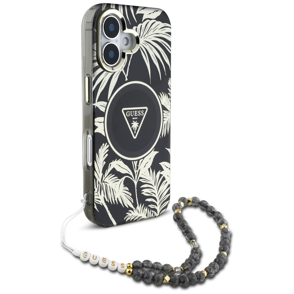 MagSafe Case for Apple iPhone 16, Guess, IML Palm Trees Triangle with Pearl Strap, Black