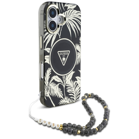 Capa MagSafe para Apple iPhone 16, Guess, IML Palm Trees Triangle com Alça de Pérola, Preta