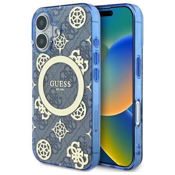 Capa MagSafe para Apple iPhone 16, Guess, IML Peony On 4G Background, Azul