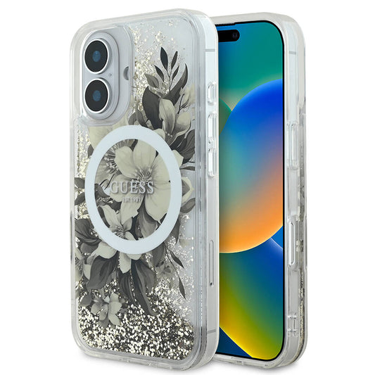 Capa MagSafe para Apple iPhone 16, Guess, Liquid Glitter Flower, Bege