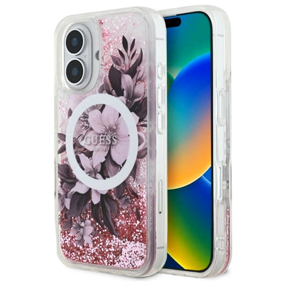 Capa MagSafe para Apple iPhone 16, Guess, Liquid Glitter Flower, Rosa