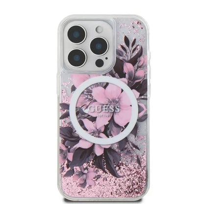 Capa MagSafe para Apple iPhone 16, Guess, Liquid Glitter Flower, Rosa