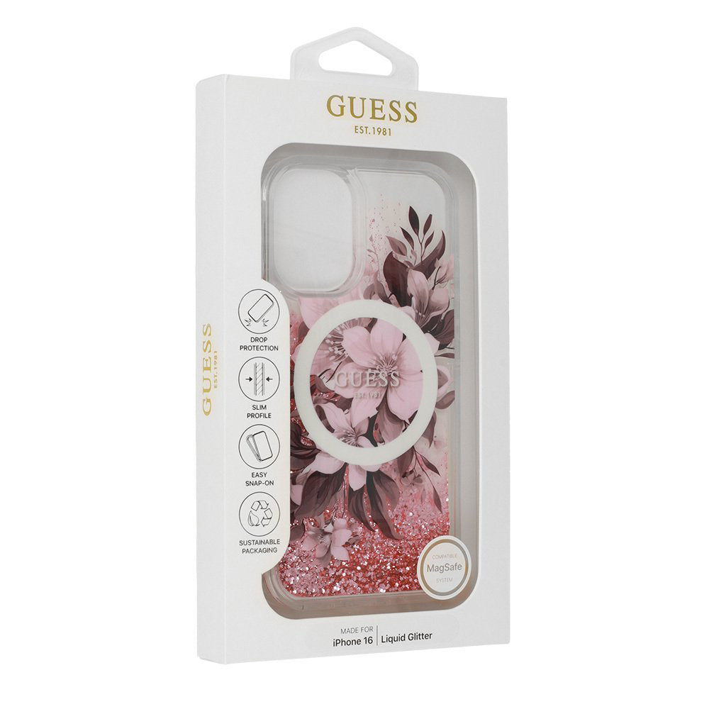 Capa MagSafe para Apple iPhone 16, Guess, Liquid Glitter Flower, Rosa