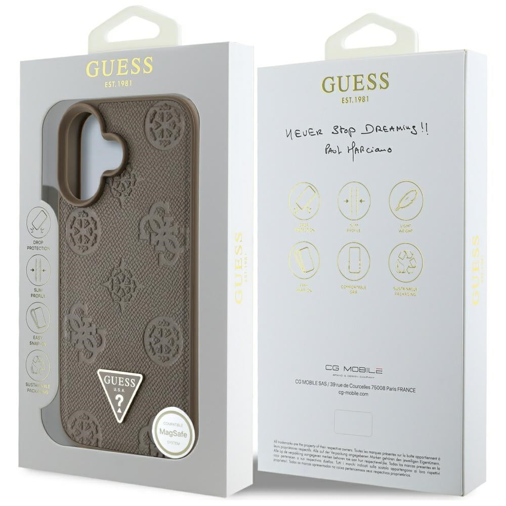 Capa MagSafe para Apple iPhone 16, Guess, Peony Grained Hot Stamp Triangle, Marrom