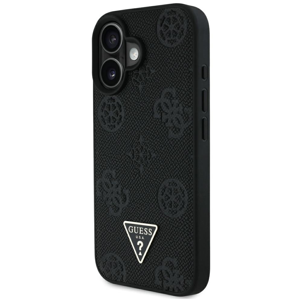Capa MagSafe para Apple iPhone 16, Guess, Peony Grained Hot Stamp Triangle, Preta