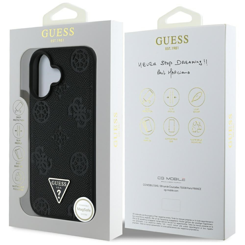 Capa MagSafe para Apple iPhone 16, Guess, Peony Grained Hot Stamp Triangle, Preta