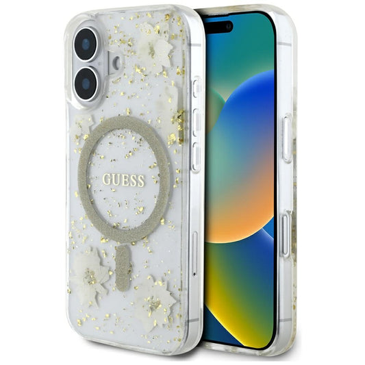 Capa MagSafe para Apple iPhone 16, Guess, Resin Flowers and Glitter, Bege