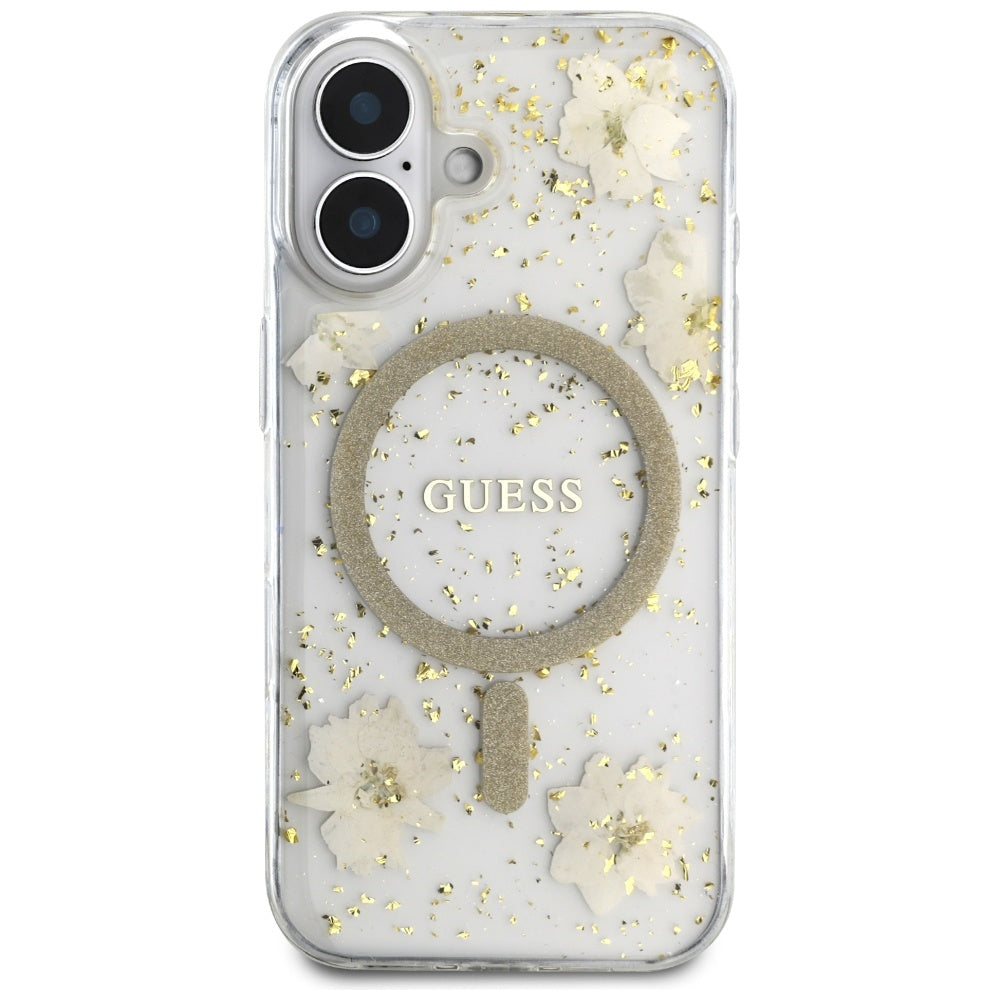 Capa MagSafe para Apple iPhone 16, Guess, Resin Flowers and Glitter, Bege