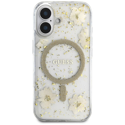 Capa MagSafe para Apple iPhone 16, Guess, Resin Flowers and Glitter, Bege