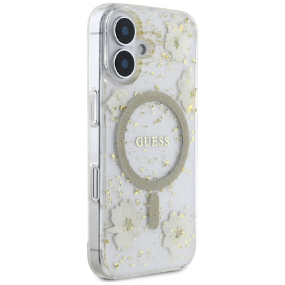 Capa MagSafe para Apple iPhone 16, Guess, Resin Flowers and Glitter, Bege