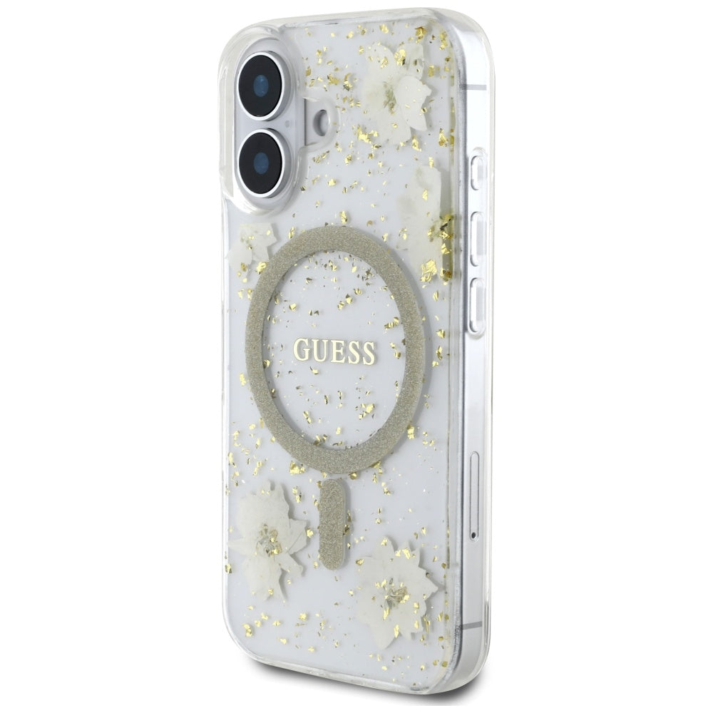 Capa MagSafe para Apple iPhone 16, Guess, Resin Flowers and Glitter, Bege