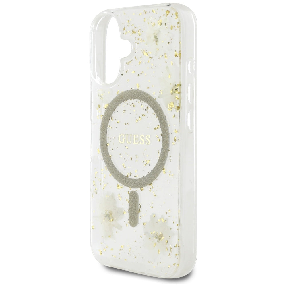 Capa MagSafe para Apple iPhone 16, Guess, Resin Flowers and Glitter, Bege