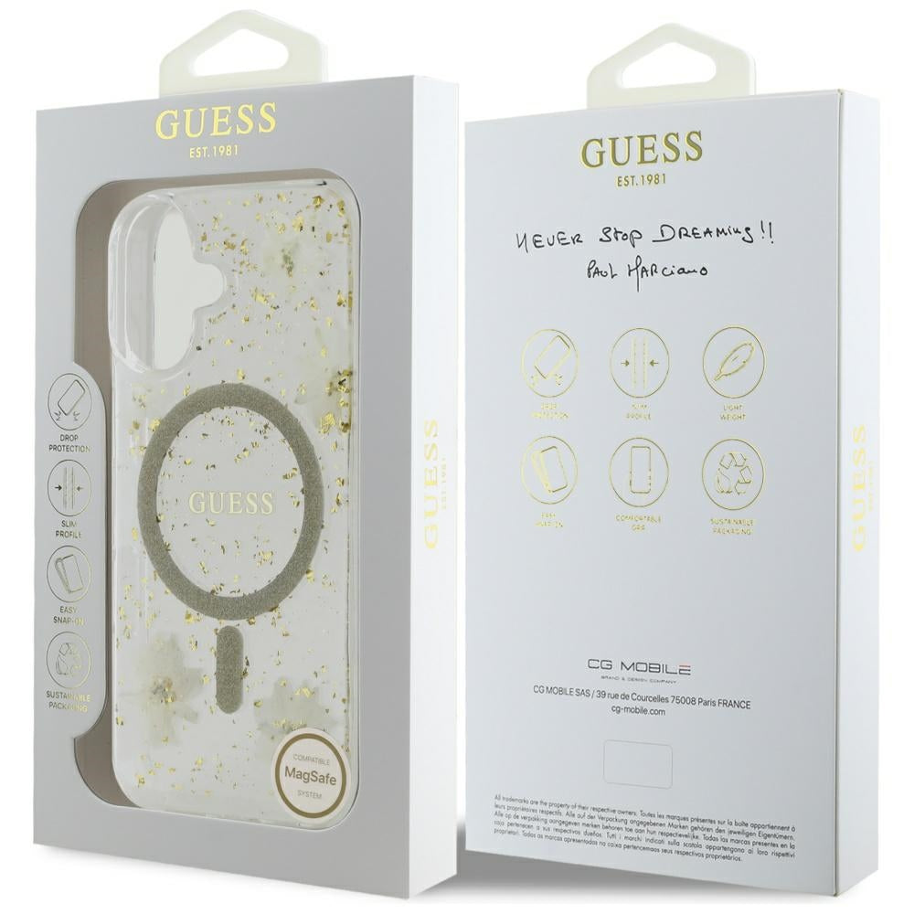 Capa MagSafe para Apple iPhone 16, Guess, Resin Flowers and Glitter, Bege