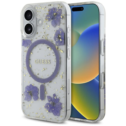 Capa MagSafe para Apple iPhone 16, Guess, Resin Flowers and Glitter, Roxo