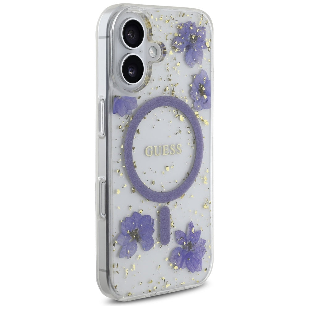 Capa MagSafe para Apple iPhone 16, Guess, Resin Flowers and Glitter, Roxo