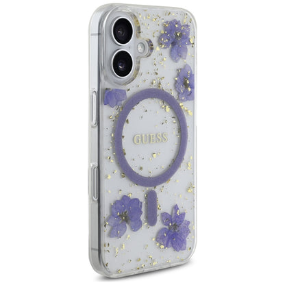 Capa MagSafe para Apple iPhone 16, Guess, Resin Flowers and Glitter, Roxo
