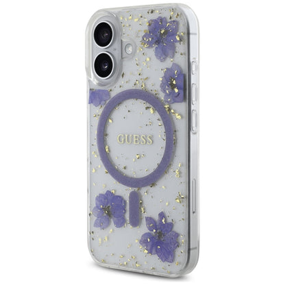 Capa MagSafe para Apple iPhone 16, Guess, Resin Flowers and Glitter, Roxo