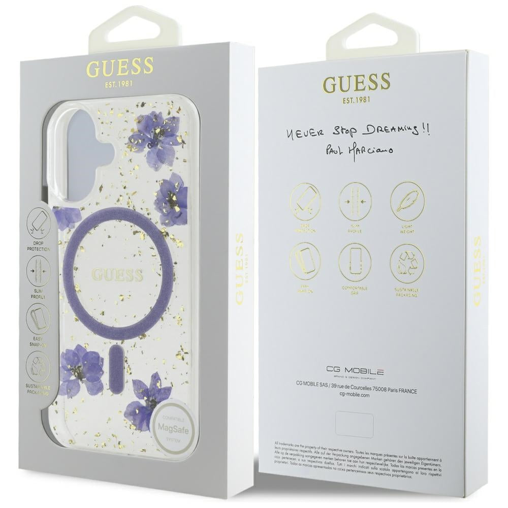 Capa MagSafe para Apple iPhone 16, Guess, Resin Flowers and Glitter, Roxo