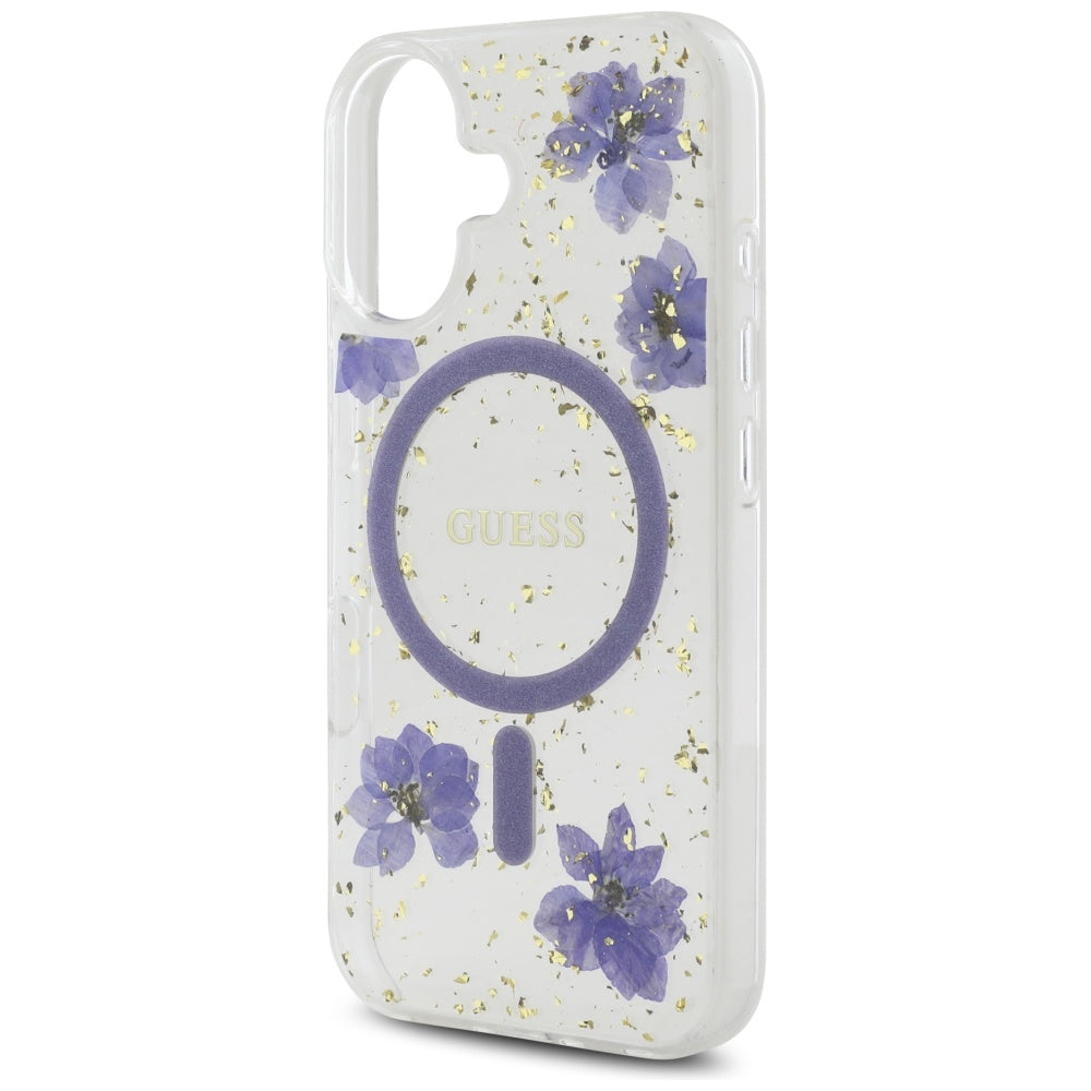 Capa MagSafe para Apple iPhone 16, Guess, Resin Flowers and Glitter, Roxo