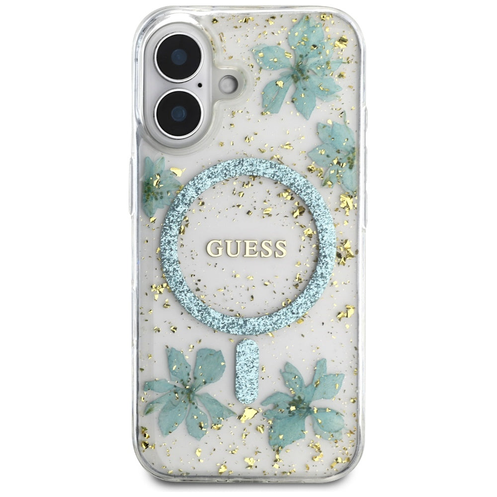 Capa MagSafe para Apple iPhone 16, Guess, Flores de Resina e Glitter, Turquesa