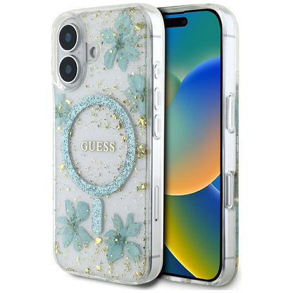 Capa MagSafe para Apple iPhone 16, Guess, Flores de Resina e Glitter, Turquesa