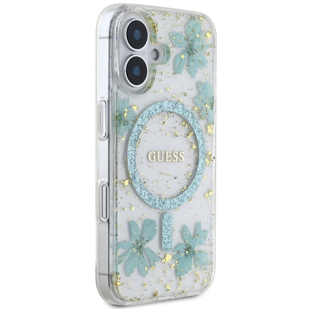 Capa MagSafe para Apple iPhone 16, Guess, Flores de Resina e Glitter, Turquesa