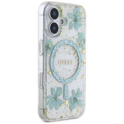 Capa MagSafe para Apple iPhone 16, Guess, Flores de Resina e Glitter, Turquesa